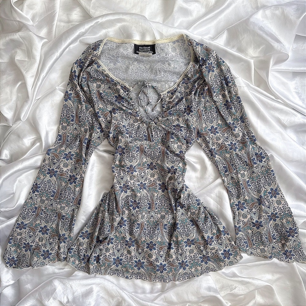 Great American Sportswear Co Paisley Bell Sleeve Top Blue Tan 1X Boho Lace Trim